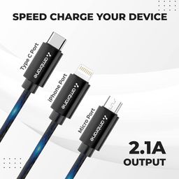 Ambrane Unbreakable 3 in 1 USB Fast Charging USB Cable with Type C, Lightning, Micro USB Port with 2.1 A, Compatible with iPhone, iPad, Samsung, OnePlus, Mi, Oppo, Vivo, Xiaomi, 1.25M (Trio-11, Black) image 3