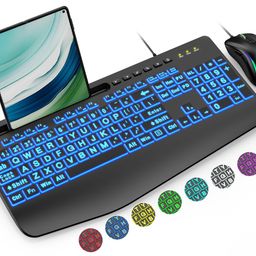 SABLUTE Wired Keyboard and Mouse, Large Print Backlit Keyboard with Wrist Rest and 7-Color Backlit, Lighted Computer Keyboards Easy to See, Light Up USB Keyboard Mouse Combo for PC, Windows, Laptop image 1