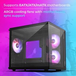 ZEBRONICS Argo Cube Form Factor Gaming Cabinet with Micro ATX, ITX, 2X 120mm Side + 120mm Rear Fan (ARGB Inner Glow), Tempered Glass Front & Side Panel, Type C(Black) image 3