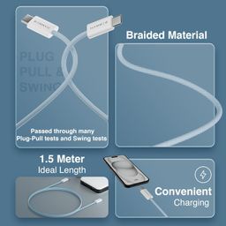 HAMMER Type C to Type C Cable 65W Braided, PD Fast Charging, Data Sync, 1.5 Meter Tangle Free Wire, Compatible with all C-Type Enabled Devices (Blue) image 2