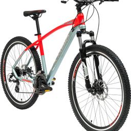 buke Cambio Denver 26T MTB Almuniium Frame, Threadless Mech Lockout Fork, Shimano Rapid Fire 24s Gears Matt Misty Grey/Floro Red Two Tone image 3