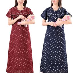 ankona Feeding Nighty Combo in Cotton with Buttons 3 on Neck for Comfortable Wearing & 2 zips on Front for Feeding Purpose Maternity Nighty Cotton Feeding Nighty Combo of 2 Pirces image 1