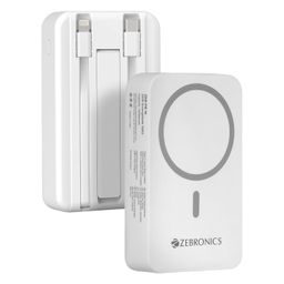 ZEBRONICS EnergiSafe 10R2, Magsafe 15W Wireless Power Bank, 10000 mAh, 22.5W Super Fast Charging PD (PPS), Built-in Stand, Type C & Lightning Cable, 5X Outputs, for iPhone, Airpods (White) image 1