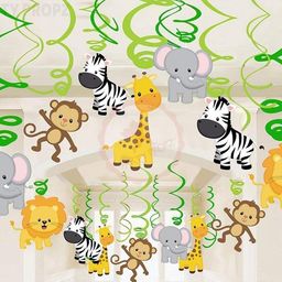 party propz safari animal jungle ceiling hanging swirl decorations boy and girl baby shower cutout festive party supplies decorations event party (12 pcs)- Multi color image 1