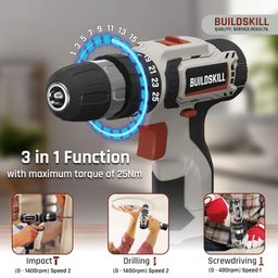BUILDSKILL 69 Pcs | 12V Cordless Drill Machine Tool Kit 10MM Keyless Chuck,Copper Armature, 3M Auto Measuring Tape, CRV Bits, TPR Screwdriver | Home Tools Box Kit with Drill Machine (6 Month Warranty) image 5