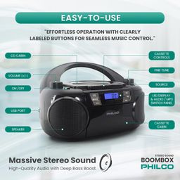 Philco Bluetooth CD Boombox with Cassette, MP3 CD USB Playback The Ultimate Retro Music Combo with Best Class Sound Performance, 12 watts, and Telescopic FM Antenna Provides Maximum Radio Reception image 3