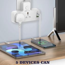 Tyagy Extension Power Strip with USB Ports, 2 Power Sockets 2500W 10A, 20W Type-C USB PD QC 3.0 Fast USB Port, Multi-Port Extension with USB Port and Touch Night Lamp image 2