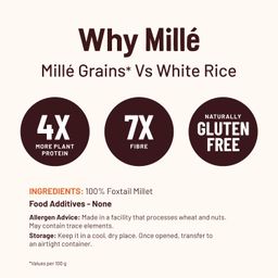millé: a supergrain co. Mille Foxtail Millet Whole Grain | Certified Low GI | Rice Replacement | High Fibre and Plant Protein | Gluten Free | Cooks in 10 minutes | Can be used to cook Biryani, Lemon Puliyogare | Unpolished, Toasted, No Soaking Required | Kangni/Kakum/Navani/Korralu/Korra/Thinai, 500g image 3