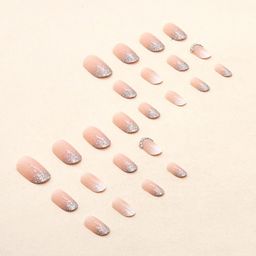 nakhi 24 Reusable Artificial Fake Nail Set | Peach Base Colour white colour nad Zari Design and Diamond Glossy Nails | Lightweight & Long Lasting| Quick Fix For Festivals & Special Occasions image 2