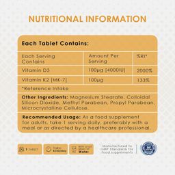Ambrosial Vitamin D3 & K2 Tablets 4000IU Vitamin D3 + 100µg Vitamin K2 MK-7 for Healthy Bones, Muscles, and to Support The Immune System - 120 Tablets image 5