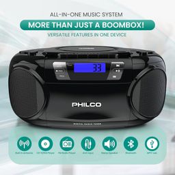 Philco Bluetooth CD Boombox with Cassette, MP3 CD USB Playback The Ultimate Retro Music Combo with Best Class Sound Performance, 12 watts, and Telescopic FM Antenna Provides Maximum Radio Reception image 2