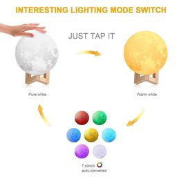 3D Moon Light Lamp Night Lamp with Wooden Stand Touch Sensor for Adult and Kids 7 Color Automatic Changing for Bedroom -15Cm image 4