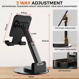 WeCool T1 Mobile Stand for Desk with 360°Rotation & Stable Metalic Round Base,Tabletop Phone Stand with Height & View Angle Adjustment,Portable Phone Holder for Smartphones,Tablets,Kindles & for iPad image 3