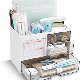 House of Quirk Polypropylene, Polystyrene Desk Organizer With 3 Drawer, Multi-Functional Pencil Pen Holder, Storage With 5 Compartments, Desktop Organizer (White) image 1