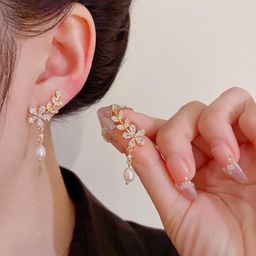 sgoeths Crawler Earrings For Women Cubic Zirconia Flower Drop Dangle Earrings For Sparkly Rhinestone Crystal Crawler Stud Curved Climber Cartilage Earrings With Tassel Chain for Bridal Wedding Jewelry image 3