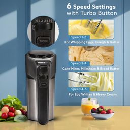 AGARO Elegant Hand Mixer, 300 Watts, Stainless Steel, 6 Interchangeable Speed Settings, Turbo Function, Interchangeable Beaters and Dough Hook Accessories for Mixing, Whisking, Beating, Kneading image 3