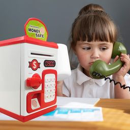 VGRASSP Money Safe Piggy Bank (The Gullak) Toy for Kids and Adults with 3 Step Unlock - Feed Number Password Touch Finger Sensor Then Twist Handle to Open The Door (Red - White) image 2