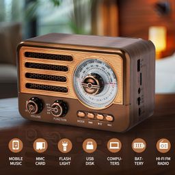 Cason FR22 Fm Radio for Home with Speaker,Vintage Radio with USB & Bluetooth-Retro Radio Portable Music Player with Transistor Frequency Knob Meter,SD Card,Headphone Jack(Brown) image 2