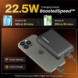 Ambrane 20000 mAh Mini Power Bank with 22.5W Fast Charging, Pocket Size, Triple Output, Type C PD (Input & Output), Li-Polymer, Made in India + Type C Cable (Powerlit XL Lite, Black) image 5