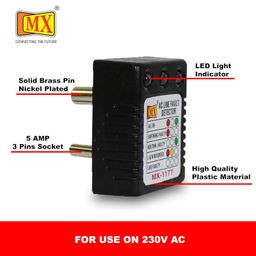 MX AC Line Fault Detector 5amp 3Pin Socket Tester for electrical work with Automatic Earthing | line detector tester L&N Reversed, Live Faulty Detector with RYG Led Indicator Wall Plug -Black, 2 Pcs image 4