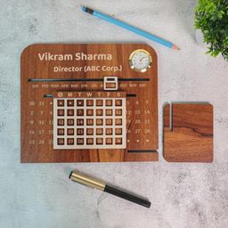 Deskart Personalized Desktop Calendar | Wooden Customized Lifetime Infinity Calendar with Clock and Personal Name Marking | Foldable for Home Decor, Office Desk and Study Table (Minimalist Personalized) image 5