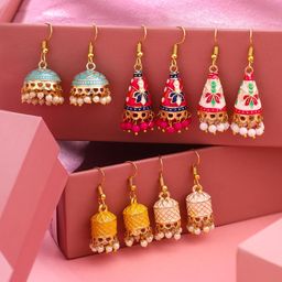 yellow chimes Meenakari Jhumka Earrings for Women | Traditional Jhumki Earrings Set for Girls | Combo of 5 Pairs Jhumkas Ethnic Gold Plated Women Earrings | Chic Reverie | Birthday Gift For Girls image 2