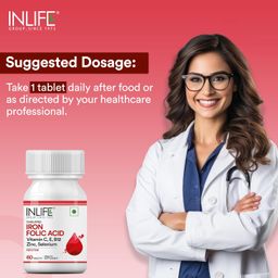 INLIFE Chelated Iron Folic Acid Supplement with Vitamin C, E, B12, Zinc & Selenium for Men Women - 60 Tablets (Pack of 1, 60) image 3