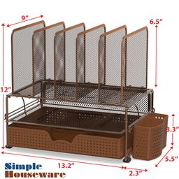 Simple Houseware Mesh Desk Organizer with Sliding Drawer, Double Tray and 5 Upright Sections, Brown image 2