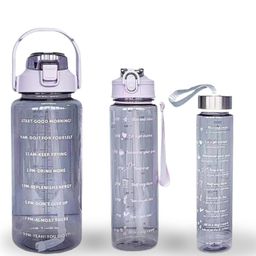 Virtuous Set of 3 Transparent Water Bottles with Time Markers, Straw, and Motivational Stickers, Includes 2000ml, 900ml, and 300ml Sizes for Gym, Sports, and Travel, Leakproof Bottles image 1