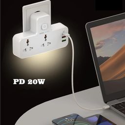 Tyagy Extension Power Strip with USB Ports, 2 Power Sockets 2500W 10A, 20W Type-C USB PD QC 3.0 Fast USB Port, Multi-Port Extension with USB Port and Touch Night Lamp image 3