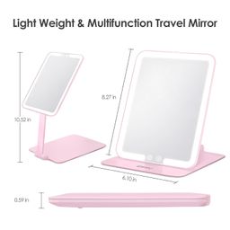ESWU Travel Makeup Mirror with Light, Portable Folding Make Up Tabletop Mirror with 58 LEDs 3 Colors Light Modes Rechargable Compact Vanity Mirror with Adjustable Stand, Pink image 2