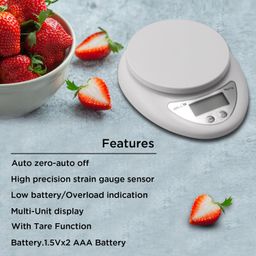 iBELL Digital Kitchen Weighing Scale for Health, LCD Display, High Precision Sensors, Tare Function, up to 5KG, Portable Food Weight Machine for Health, Fitness, Home Baking & Cooking - KS501M (White) image 2