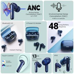 truke Newly Launched Buds Vibe True Wireless in Ear Earbuds with 35dB Real ANC + Quad Mic ENC, 13mm Big Speaker, 4 EQ Modes, 48H Playtime, Fast Charge, 40ms Low Latency, AAC Codec, BT 5.3, IPX5(Blue) image 3