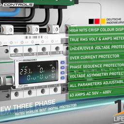 EVP3PX - 3 Phase Voltage Protector - 63A - Adjustable Over/Under Voltage/Over Current/Voltage Asymmetry/Phase Sequence & Failure Protector - Auto Recovery Switch - Voltage & Amp Meter image 3