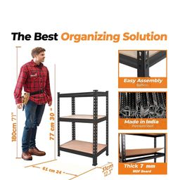 SHIOK DECOR Multiple Layer Iron Rack for Storage | Adjustable Metal Shelf with Wooden Plank | Multipurpose Boltless Garage Racks & Shelves | Heavy-Duty, Rustproof Design (Black) 3 Tier image 2