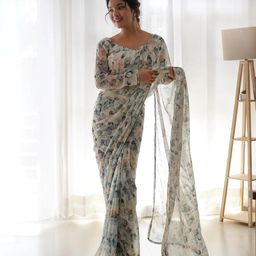 Women's Georgette Printed Lace Bordered Ready To Wear One Minute Saree With Print Unstitched Blouse Piece (B-RTW Black Leaf_Black_Free Size) image 4