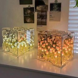 inulec Cube Tulip LED Mirror Lamp – Square Decorative Flower Night Light, 2-in-1 Mirror & Dynamic Artificial Flower Table Lamp for Bedroom, Living Room, Desktop Décor & Gifting image 4