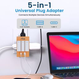 rts Type C PD and USB 3 Pin Multi Plug Socket-Worldwide Universal Travel Adapter with USB Ports & Individual Switch LED Indicator-3 Way Plug Socket (5A-250V) Type D Plug for Home Office Orange image 2