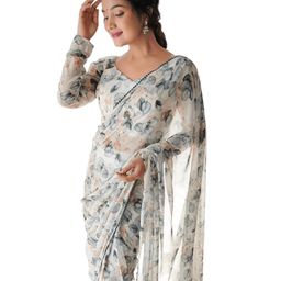 Women's Georgette Printed Lace Bordered Ready To Wear One Minute Saree With Print Unstitched Blouse Piece (B-RTW Black Leaf_Black_Free Size) image 1