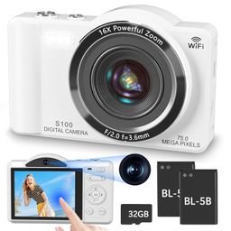 gavonde Digital Camera for Photography - WiFi 4K 75MP Vlogging Cameras for YouTube, Touchscreen Autofocus Point and Shoot Digital Camera for Teens Adult Beginner with 16X Zoom, 32GB Card, 2 Batteries(White) image 1
