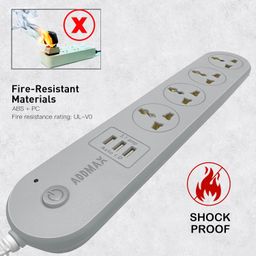 addmax Extension Cord with USB Port -10A 220 Volts-50/60Hz [4 Socket Outlet with 3 USB Port] [Fire Flame Proof] [USB Charging Port][1.8 Meter Cord] Multi Plug Power Strip Extension Board (Light Grey) image 4