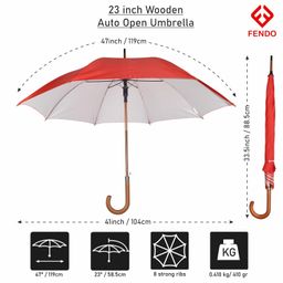 fendo umbrellas Fendo Major 23 Inch Wooden Umbrella for Men and Women | Wind and RainProof | Auto Open | Lightweight & Durable | Travel Umbrella (Red) image 3