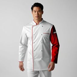kavita export most reliable KE Premium Designer White Color Chef Coat for Men | Red Piping and White Botton and One side Red Sleeve| Full Sleeves Chef Coat With 2 Pocket's (IN, Alpha, M, Regular, Standard, White & Red) image 2