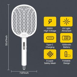 UN1QUE Foldable Mosquito Bat Rechargeable with UV Light Lamp, 2-in-1 Mosquito Racket, Electric Fly Swatter, 1200mAh Long-Lasting Battery, Rotatable Bug Zapper - White image 2