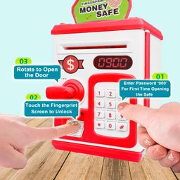 VGRASSP Money Safe Piggy Bank (The Gullak) Toy for Kids and Adults with 3 Step Unlock - Feed Number Password Touch Finger Sensor Then Twist Handle to Open The Door (Red - White) image 5
