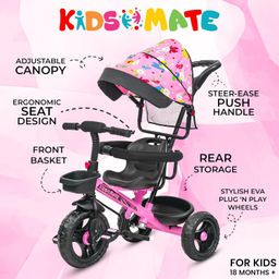 Kidsmate Deluxe 4-in-1 Tricycle for Kids with Adjustable Canopy | Durable Plug & Play Baby Trike with Safety Rail & Push Handle for Parents | Safe & Comfortable Ride for Toddlers 12-48 Months - Pink image 3