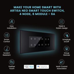 Wipro Artisa Neo Wi-Fi Smart Touch Switch 4N | Combo of 6M Plate(Galaxy Black) + 3x4N Touch Switches(6A, Black) | Works with App, Alexa, Google Asst | Pack of 1 image 2