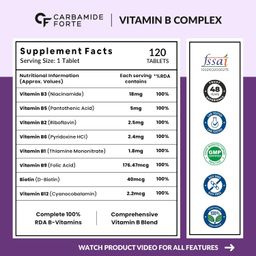 Carbamide Forte Vitamin B-Complex Tablets - 100% RDA for B Vitamins with B1, B2, B3, B5, B6, B9 & Vitamin B12 | Vitamin B Complex Supplements for Women & Men - 120 Vegetarian Tablets image 2