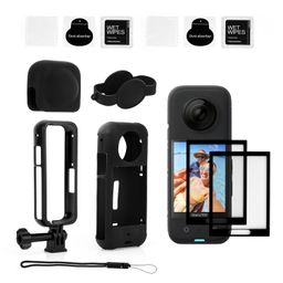Arcnet Arcnet Camera Protective Accessories Kit for Insta 360 X3 Include 1 Protective Cage Frame + 1 Silicone Case + 1 Lens Cap + 2 Screen Protectors + 2 Cleaning Swabs (Pack of 4) image 1