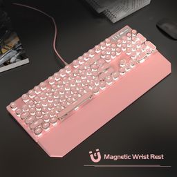 MageGee Typewriter Mechanical Gaming Keyboard, Retro Punk Round Keycap LED White Backlit USB Wired Keyboards for Game and Office, for Windows Laptop PC Mac - Blue Switches/Pink image 3